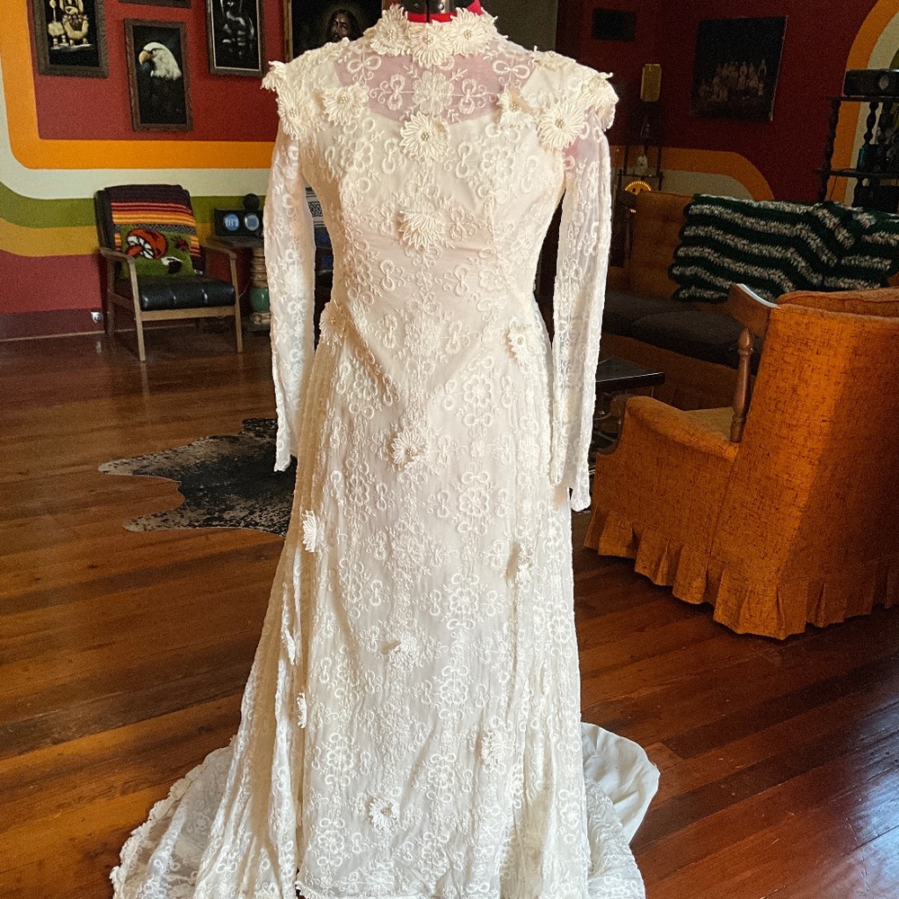 Vintage 1970s Lace Wedding Dress | High Neck Long Sleeve Boho Bridal Gown